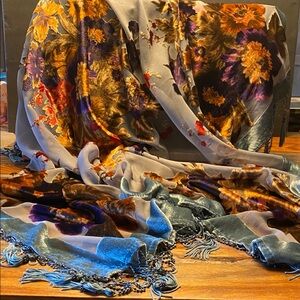 STUNNING BURNED VELVET “Johnny Was” style Scarf with Beaded Tassel detailing